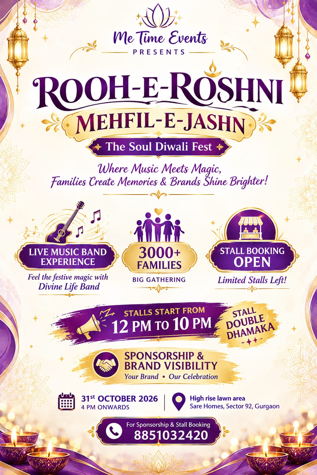 Rooh-e-Roshni event poster featuring stall booking, sponsorship, brand visibility and event details