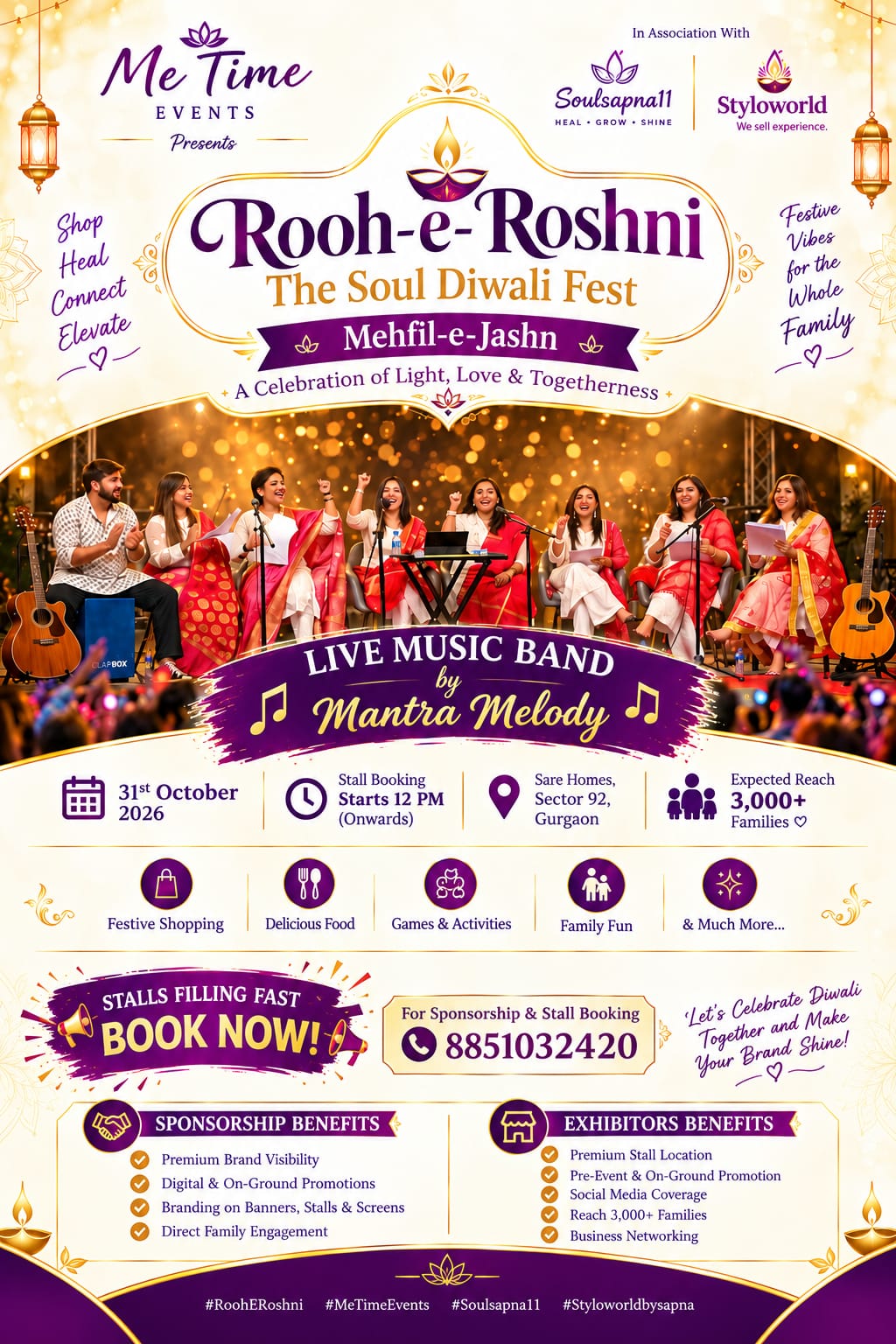 Rooh-e-Roshni Soul Diwali Fest poster featuring live music, festive shopping and family activities